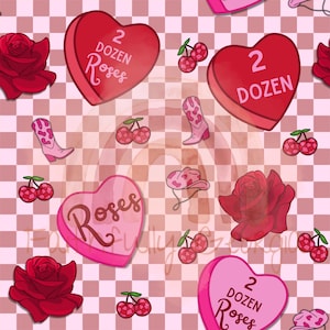 May include: A repeating pattern featuring red roses, pink cowboy boots, cherries, and heart-shaped candies with the text "2 Dozen Roses". The background is a pink and white checkered pattern.
