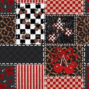 Puede incluir: Un diseño de patchwork con varios patrones. Incluye cerezas a cuadros en blanco y negro, lazos rojos, estampado de leopardo y patrones a cuadros y rayas rojos y blancos. El diseño está enmarcado con líneas de puntos blancas.