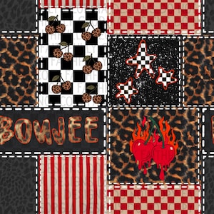 以下が含まれることがあります： さまざまなパターンを特徴とするパッチワークデザイン。 さくらんぼが付いた白黒の市松模様の正方形、赤と白の市松模様の星、ヒョウ柄、ヒョウ柄のフォントで「BOWJEE」という単語が含まれています。 このデザインはまた、炎のある赤いさくらんぼを特徴としています。