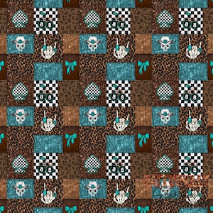 以下が含まれることがあります： 正方形に繰り返されるパターンを持つパッチワークデザイン。パターンには、カウボーイハットをかぶったスカル、中指を立てた骸骨の手、リボン、市松模様のスペード、数字8のチェリーが含まれます。カラーパレットには、茶色、ティール、黒が含まれます。