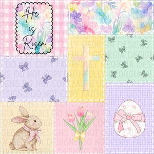 Pode incluir: Um design de patchwork com ilustrações temáticas da Páscoa. O design inclui um coelhinho, tulipas, um ovo de Páscoa, uma cruz e o texto "He is Risen". A paleta de cores é suave, com rosa pastel, roxo, verde e amarelo.