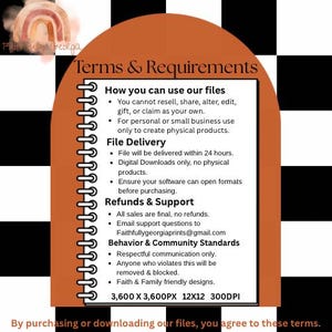 以下が含まれることがあります： 白黒のチェック柄の背景に、「Terms & Requirements」というテキストが入ったノートスタイルのドキュメントが表示された画像。 ドキュメントは、使用ガイドライン、ファイルの配信の詳細、および払い戻しポリシーを概説しています。 水彩の虹のグラフィックが左上にあります。