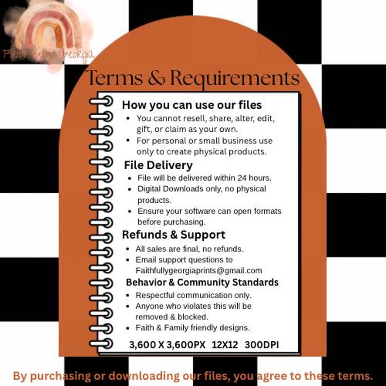以下が含まれることがあります： 白黒のチェック柄の背景に、「Terms & Requirements」というテキストが入ったノートスタイルのドキュメントが表示された画像。 ドキュメントは、使用ガイドライン、ファイルの配信の詳細、および払い戻しポリシーを概説しています。 水彩の虹のグラフィックが左上にあります。