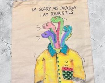 Hand Painted Funny Tote Bag • Quirky Eel Cartoon Art Tote • Colorful Illustrated Canvas Bag • Unique Gift for Artists & Humor Lovers •