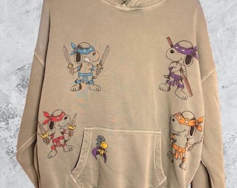 Hand Painted Snoopy Hoodie • TMNT Inspired Sweatshirt • Vintage Sage Green Hoodie • Cartoon Streetwear • Unisex Oversized Graphic Hoodie