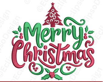 Merry Christmas Embroidery Design | Tree and Holly (Instant Download)