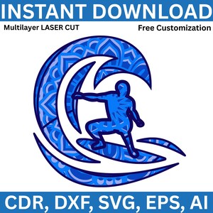 May include: A blue and white layered laser cut design featuring a surfer riding a wave. The image includes the text "INSTANT DOWNLOAD", "Multilayer LASER CUT", and "Free Customization". The bottom of the image displays "CDR, DXF, SVG, EPS, AI".