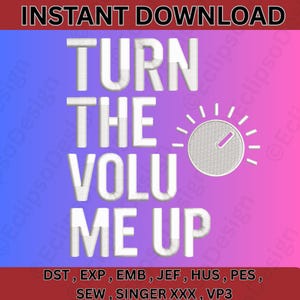 May include: A digital design with the text "TURN THE VOLUME UP" in white, set against a gradient background of blue and pink. Includes a graphic of a volume dial and file format information.