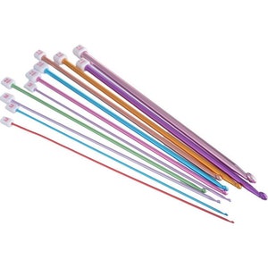 May include: A set of ten colorful knitting needles with white plastic tips. The needles are arranged in a fan shape, with the largest needle at the top and the smallest needle at the bottom. The needles are made of metal and have a smooth, shiny finish.