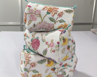 Floral Quilted Toiletry Bag Set, Block Print Cotton Cosmetic Pouch