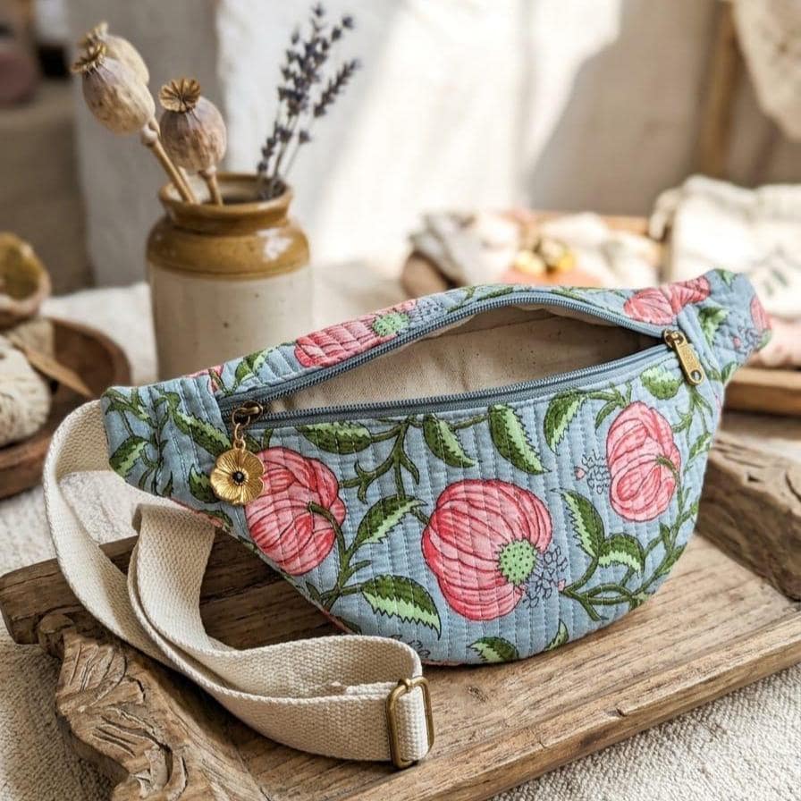 Hand Block Print Quilted Cotton Fanny Pack Blue Floral Waist Bag, Boho Sling Bag