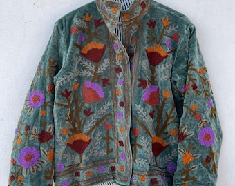 Hand Embroidered Velvet Suzani Jacket, Boho Floral Coat