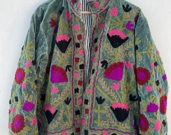 Handmade Velvet Suzani Jacket, Embroidered Boho Floral Coat