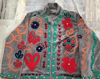 Handmade Velvet Suzani Jacket – Embroidered Floral Boho Coat