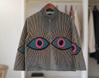 Evil Eye Embroidered Velvet Jacket | Handmade Boho Coat