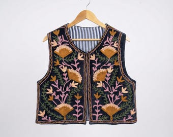 Handgemachte Suzani Samtweste - Bestickte Blumen Boho Weste