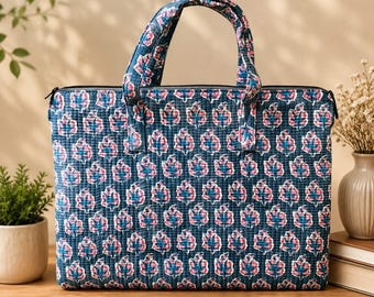 Cotton Block Print Laptop Bag | Handmade Quilted Laptop Sleeve | Grey Floral MacBook Case | Boho Office Tote Bag | Travel Laptop Cover