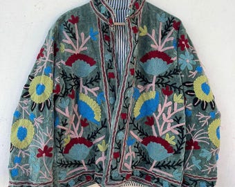 Hand Embroidered Velvet Suzani Jacket, Floral Boho Coat