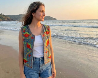 Handmade Suzani Embroidered Velvet Vest | Boho Floral Waistcoat | Festival Jacket |