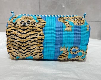 Handmade Tiger Print Toiletry Bag | Quilted Block-Print Cosmetic Organizer ! Set Of 3 Pcs