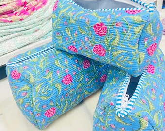 Handmade Quilted Toiletry Bag Set | Block Print Floral Travel Pouch