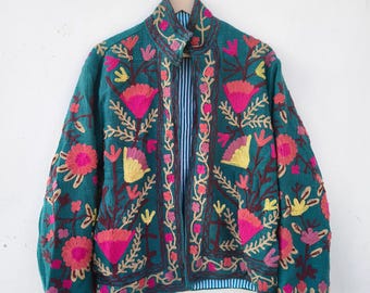 Handmade Suzani Kantha Boho Embroidered Cotton Jacket | Handmade Floral Coat