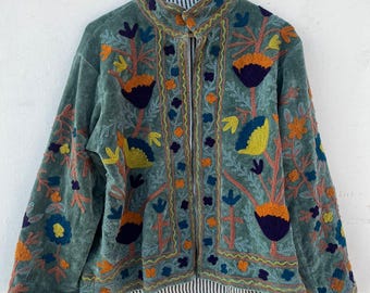 Teal Green Velvet Suzani Coat | Embroidered Boho Jacket, Festival Clothing