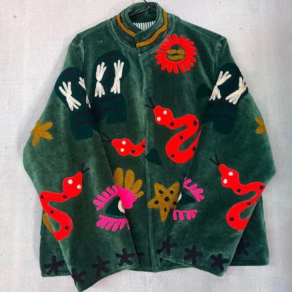 Handmade Green Velvet Embroidered Jacket, Western Cowgirl Jacket, Snake & Cowboy Boot Coat, Boho Festival Jacket for Women