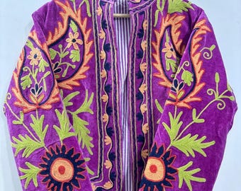 Handmade Suzani Velvet Jacket – Embroidered Floral Boho Coat
