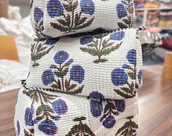 Handmade Block Print Toiletry Bag, Quilted Cotton Makeup Pouch