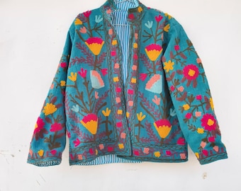 Hand Embroidered Suzani Wool Jacket | Boho Floral Coat
