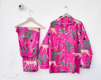 Tiger Print Cotton Pajama Set: Indian Bohemian Sleepwear