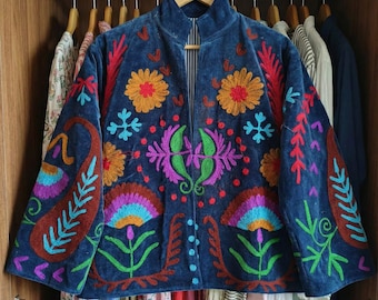 Handmade Suzani Velvet Jacket • Bohemian Floral Embroidered Coat