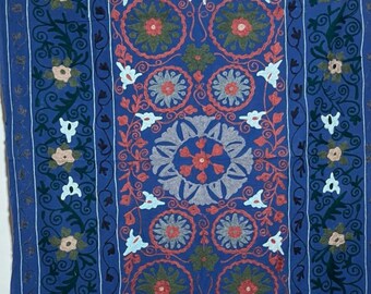 Blue Velvet Floral Bed Sheet | Boho Embroidered Bedspread (Twin Size)