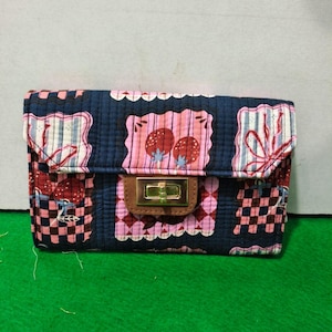 Quilted Cotton Wallet | Strawberry Fabric Clutch Purse with Gold Lock