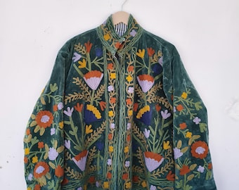 Hand Embroidered Velvet Suzani Jacket – Boho Floral Winter Coat