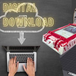 May include: Image features a digital download concept with a laptop and a cloud graphic with the words "DIGITAL DOWNLOAD". Several 3D-printed card holders are displayed, one with a card inside, and two others in red and gray.