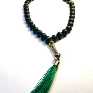 Tasbih, Misbaha, Black Matte Agate beads and green Tassel, Golden Accent