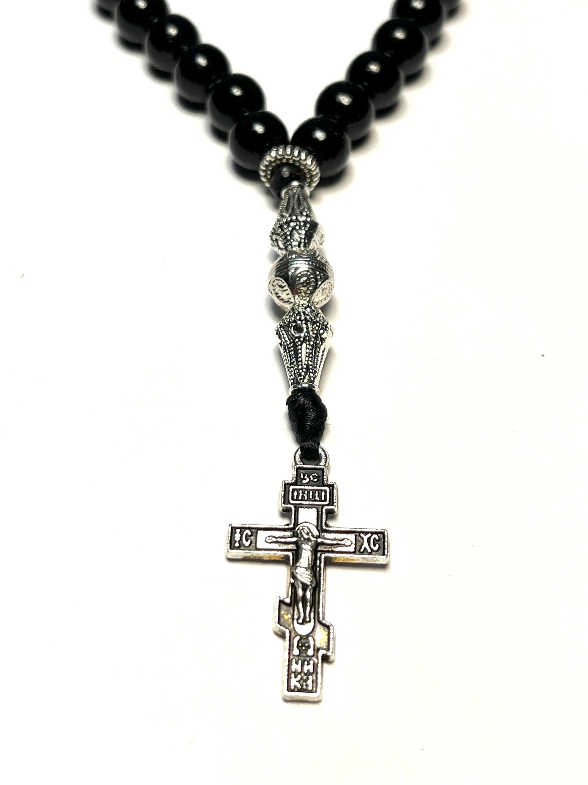Chotki Chapelet Orthodoxe Grec 150 Nœuds Noir Avec Croix Du Mont Athos - Fait Main