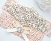 BLUSH PINK SALE Crystal pearl Wedding Garter Set, Stretch Lace Garter, Rhinestone Crystal Bridal Garters