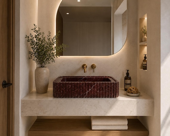 Burgundy Marble Bathroom Sink, Fluted Stone Wash Basin, Luxury Wine Marble Vanity, Handmade Red Marble Sink Decor