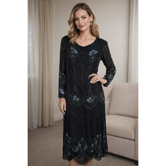 Vintage 80s Black Beaded Sequin Flapper Dress Sz M Art Deco Evening Gown Silk