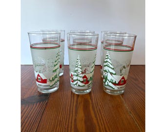 Set of 6 Vintage KIG Indonesia Christmas Tumblers Glasses Frosted Winter Scene