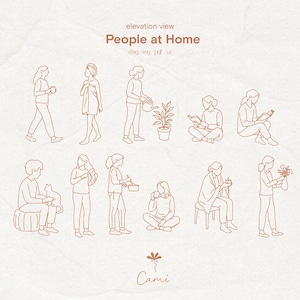 以下が含まれることがあります： 自宅で様々な活動をしている人々の線画を描いたデジタルイラスト。読書、植物への水やり、リラックスしている姿が描かれています。「elevation view People at Home」というテキストが含まれています。アーティスト名「Cami」が画像の下部にあります。