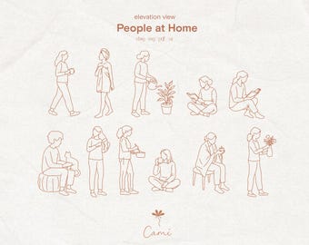 May include: A digital illustration featuring line drawings of people engaged in various activities at home. The image includes figures reading, watering plants, and relaxing. Text at the top reads "elevation view People at Home". The artist's name, "Cami", is at the bottom.