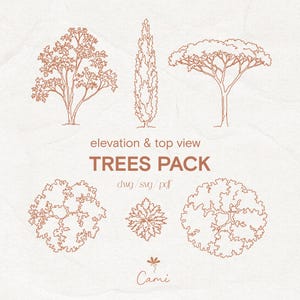 May include: A digital collection of tree illustrations featuring elevation and top views in a rust-colored line art style. The text reads elevation & top view TREES PACK dwg / svg / pdf and Cami. These graphics depict various tree species.