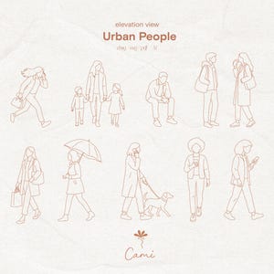 Peut inclure: Illustration numérique présentant des dessins au trait de personnes en milieu urbain. L'image comprend des personnages marchant, parlant au téléphone et interagissant. Le texte en haut indique "elevation view Urban People".