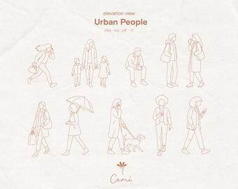 May include: A digital illustration featuring line drawings of various people in urban settings. The image includes figures walking, talking on phones, and interacting with each other. Text at the top reads "elevation view Urban People".