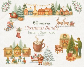 Peut inclure: Ensemble de Noël à l'aquarelle avec des illustrations d'un village, du Père Noël, d'enfants faisant de la luge, et d'un sapin de Noël. Le texte indique "50 fichiers PNG Christmas Bundle Téléchargement instantané 300 DPI."