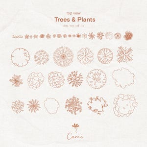 May include: A top-view illustration of trees and plants in a line drawing style. The image features various tree and plant designs in a brown colour, with the text "Trees & Plants" at the top. The artist's name "Cami" is at the bottom.